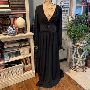 Modcloth Black maxi Dress with buttoned down waist and sheer sleeves